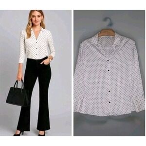Maison d'Amelie Womens Satin Long Sleeves Button Down Shirt XL Polka Dot Career